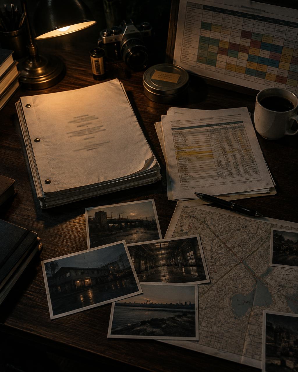 A screenplay, budget pages, production schedule, and location photographs laid out together on a dark desk