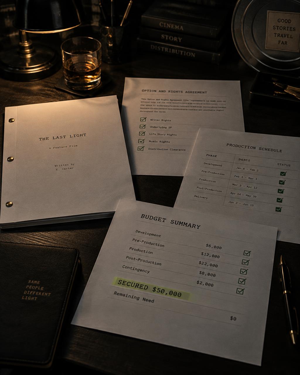 Film financing documents under evaluation: script, rights agreement, budget, and schedule with a secured $50,000 line marked